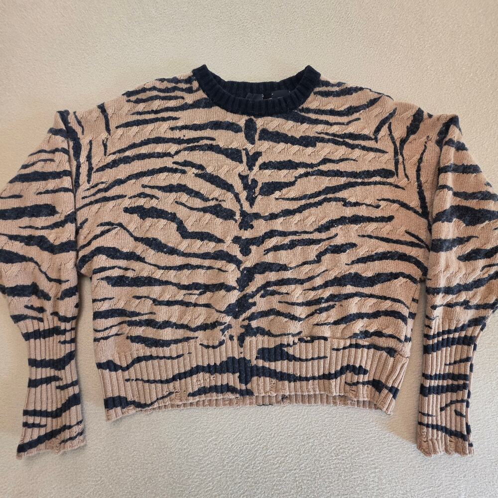 PINKO Tiger-Print Ribbed-Trim Cable Knit Cropped Pullover Sweater Sz Medium